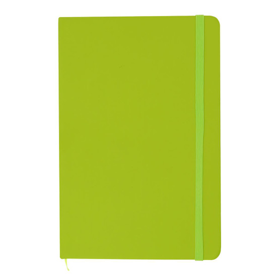 A bright green A5 notebook with a matching elastic band closure. Features a smooth finish and a logo on the cover.