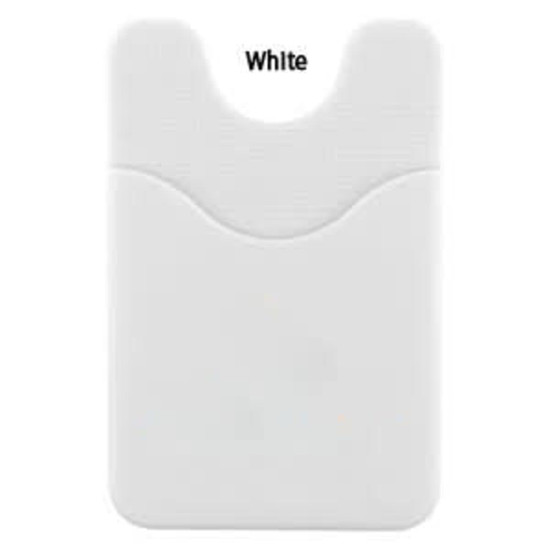 A white phone wallet with a textured finish and a cutout design at the top. It includes a logo.