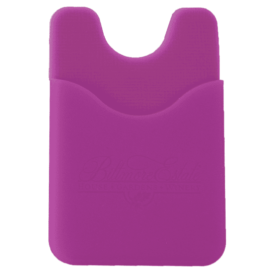 A purple wallet designed to hold a phone, featuring a slot for cards, with a logo embossed on the surface.