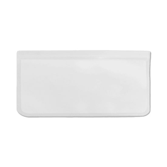 A transparent reusable food storage bag in white, featuring a zip closure and rounded corners.