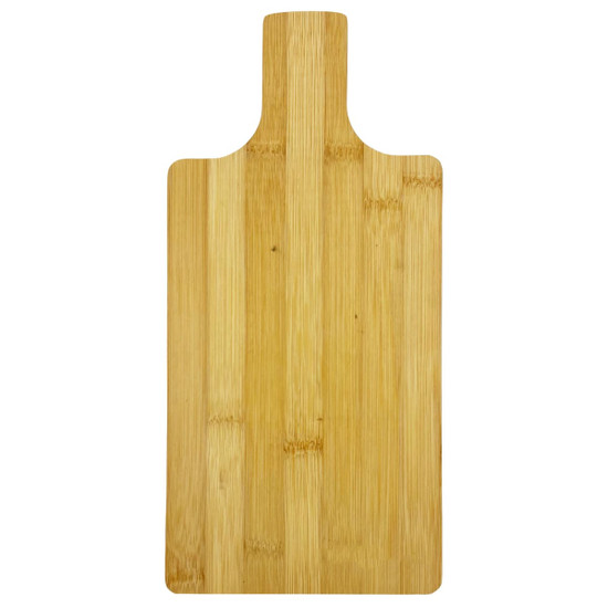 A bamboo paddle board with a smooth, natural finish and a handle, ideal for kitchen use. It has a logo.