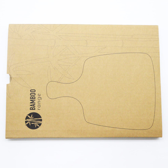 A bamboo cheese board and knife set in eco-friendly packaging, featuring a simple design and natural tones.