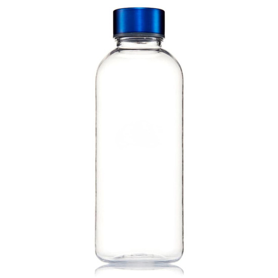 A drink bottle made of clear Tritan material with a blue screw-on lid. It has a sleek, modern design.