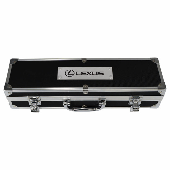 A sleek black deluxe case with silver accents, featuring a logo on the top.