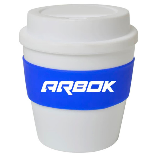 A drink bottle with a white body and blue silicone band, featuring a logo on the band.