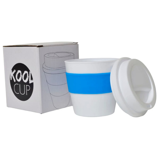 A small white cup with a blue band, accompanied by a matching lid and a box featuring a logo.