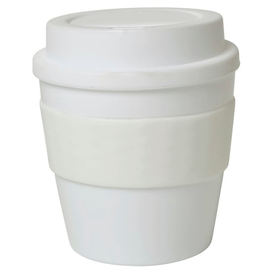 A white 235mL cup with a white silicone band and a lid, featuring a logo.