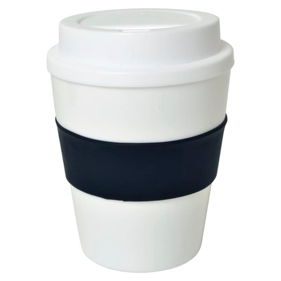 A drink bottle featuring a white design with a black rubber grip. It includes a lid.