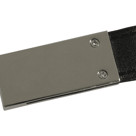A close-up of a Hudson leather keychain, featuring a black leather strap and a metallic clasp with two screws.
