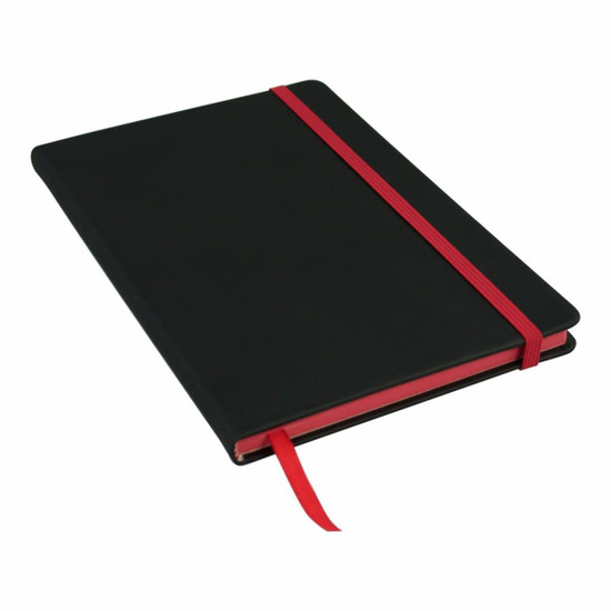 A black A5 journal with a red elastic band and ribbon marker, featuring a simple design and a logo on the cover.