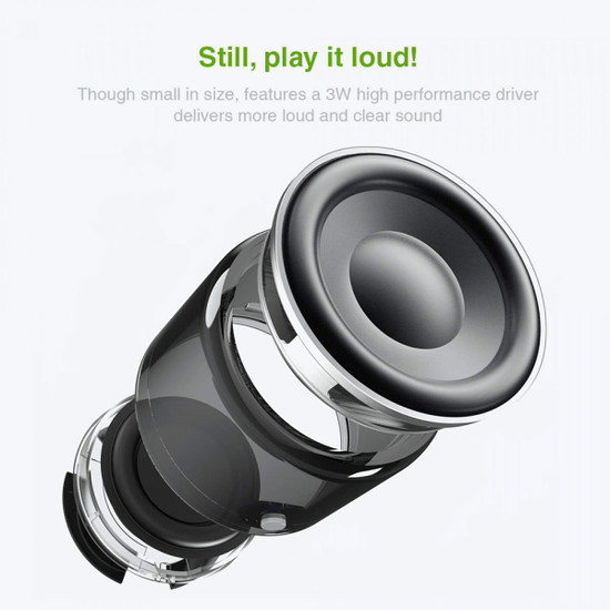 A Bluetooth speaker with a transparent casing and a prominent black speaker cone, featuring a logo.