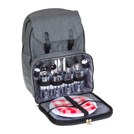 A grey picnic backpack with utensils, glasses, and plates neatly organised inside.