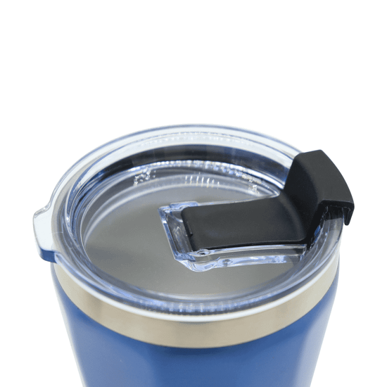 A drink bottle with a blue exterior and a clear lid featuring a black closure. It has a metallic band around the top.