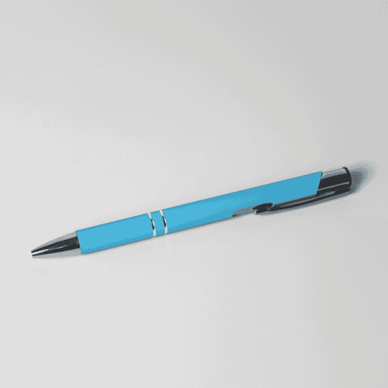 A metal pen in bright blue with silver accents, featuring a logo on the barrel.