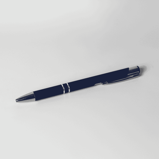 A metal pen in navy blue with silver accents, featuring a sleek design and branding.