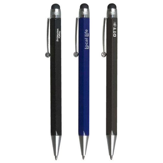 Three stylus pens in black, blue, and grey, each featuring a branding logo and a metal clip.