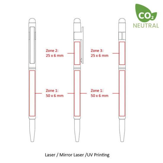 A diagram of Hex Pens featuring different printing zones, showcasing the pen's structure and dimensions. The pen includes a logo.