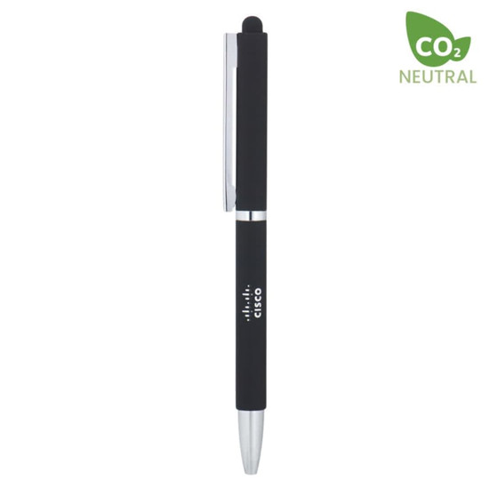 A black metal ballpoint pen with a stylus tip and a silver clip, featuring a logo.