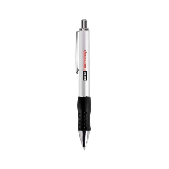 A silver retractable pen with a black grip and a branding logo.