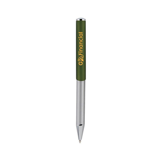 A slim metal pen with a green body and silver accents, featuring a logo on the side.