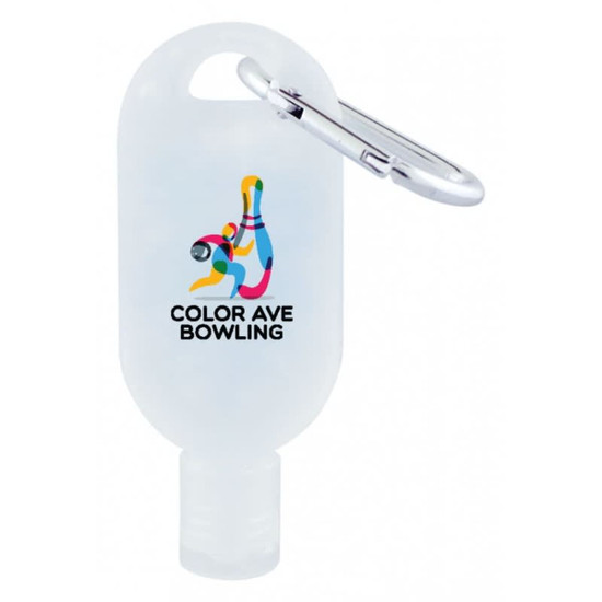 A frosted 30mL hand sanitiser bottle with a carabiner, featuring a logo and vibrant colours.