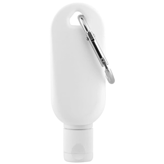 A white 50mL sunscreen bottle with a clip attached for easy carrying. It features a smooth, rounded design.