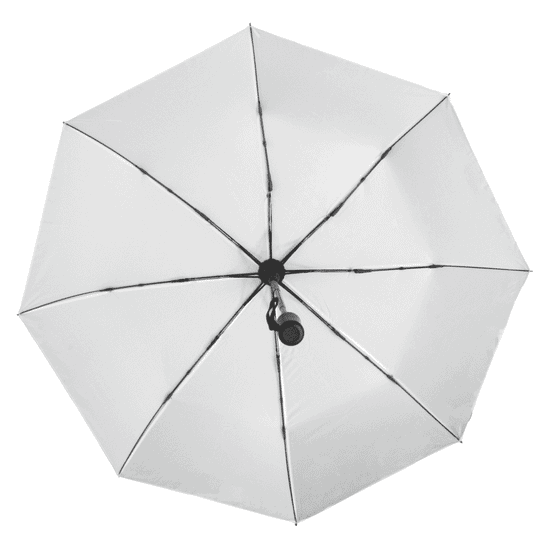A white umbrella with a black handle and a logo, featuring an eight-panel design.