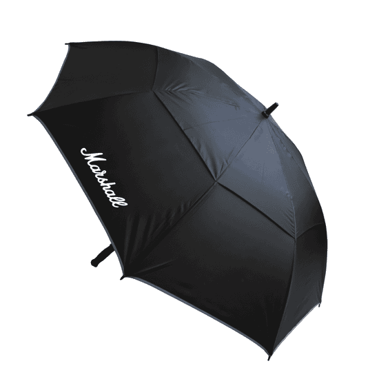 A black umbrella with eight panels and a logo. The design features a sleek, minimalist style.