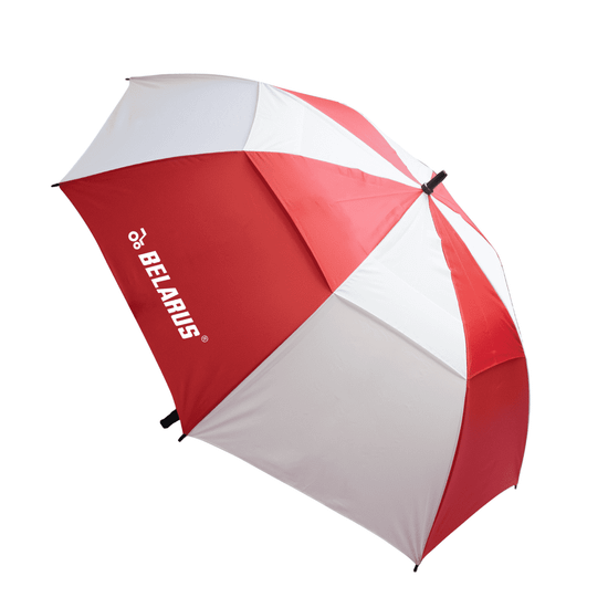 A red and white umbrella with a logo, featuring alternating panels in those colours.