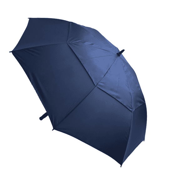 A navy blue umbrella with a sturdy design and a handle. The umbrella features a logo.