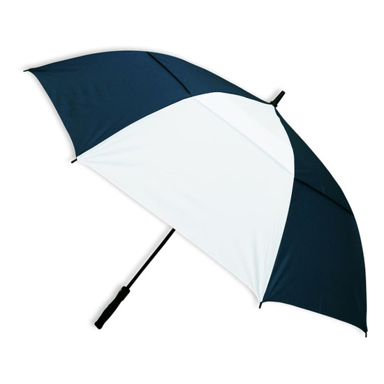 A large umbrella featuring a navy blue and white design, with a sturdy black handle. It has a logo on the fabric.