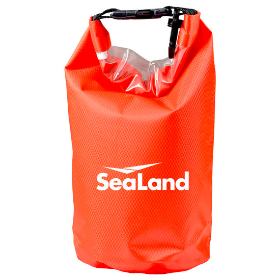 An orange 2.5L dry bag with a secure closure and a branding logo, designed to keep contents dry.