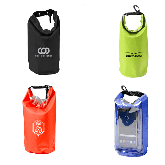 Four 2.5L dry bags in black, yellow, orange, and blue, featuring various logos and a transparent compartment.
