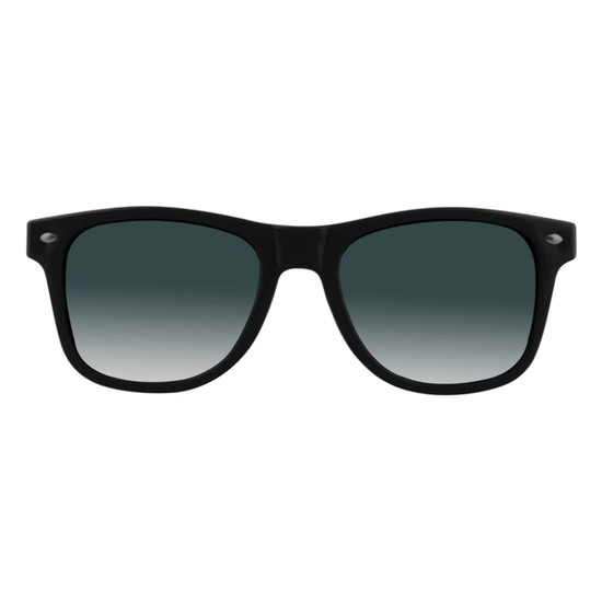 Black sunglasses with gradient grey lenses, featuring a logo on the side.