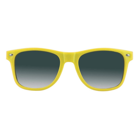 Yellow sunglasses with green gradient lenses and a stylish design, featuring a logo on the side.