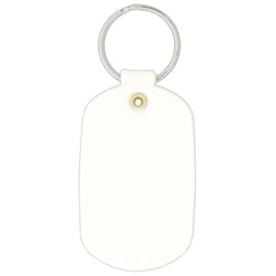 A white oval keychain featuring a metal ring and a simple design. It includes a small branding logo.