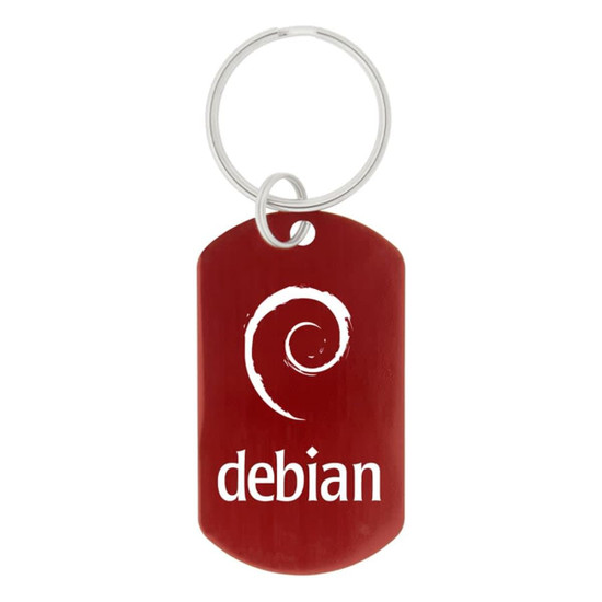 A red dog tag keychain featuring a circular logo and the word "debian".