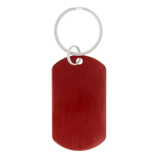 A red dog tag keychain with a metal ring for attachment. The tag has a smooth surface and rounded edges.