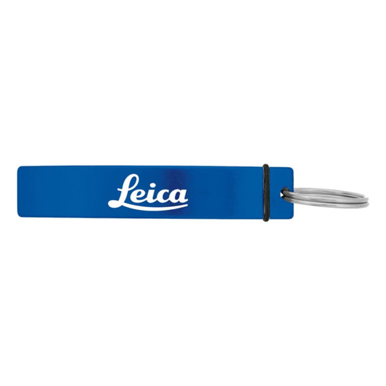 A drink bottle opener in blue with a silver keyring. Features a logo on the surface.