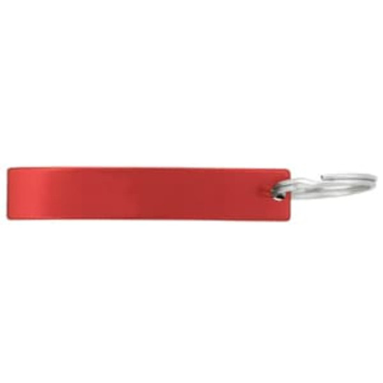 A drink bottle opener in red with a metal keyring attachment and a logo.