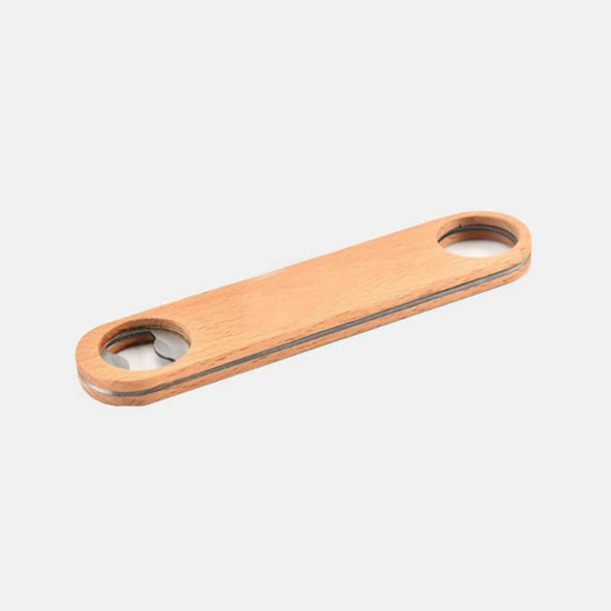 A drink bottle opener made of bamboo, featuring two circular openings. The design is simple and natural.