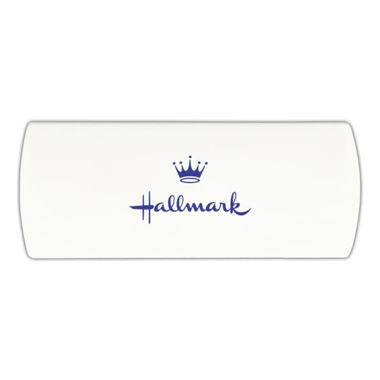 A white bandage dispenser with a blue logo featuring a crown and the word "Hallmark".
