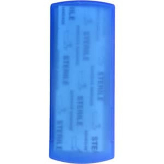 A blue bandage dispenser with a logo, featuring a transparent section that reveals bandages inside.