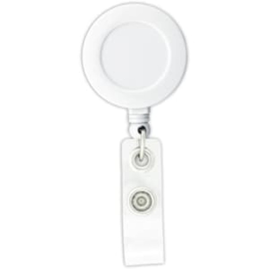 A round badge holder in white with a retractable cord and a clip attachment. It features a logo.