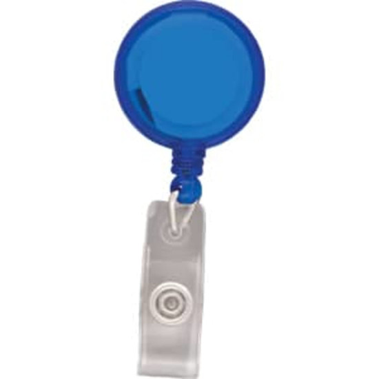 A blue round badge holder with a clear attachment clip and a retractable cord.