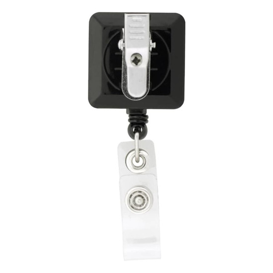 A black rectangle badge holder with a silver clip and a clear retractable strap.