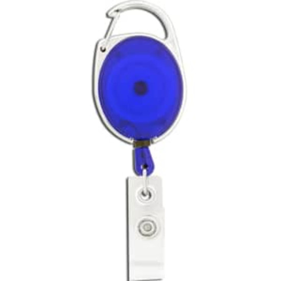 A blue retractable badge holder with a silver clip and a clear reel for easy access.