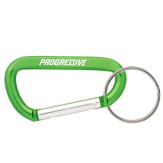 A green 60mm carabiner with a metal ring and a visible logo.