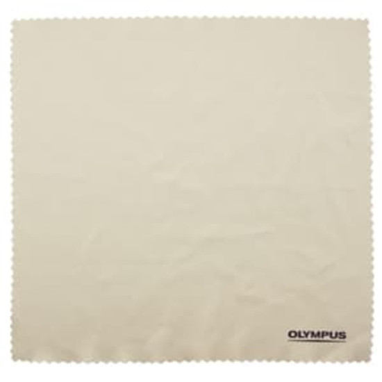 A large beige microfibre cleaning cloth with a scalloped edge and a logo in one corner.