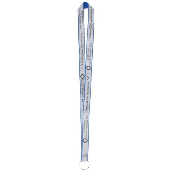 A blue and glittery custom lanyard featuring a logo and text design.